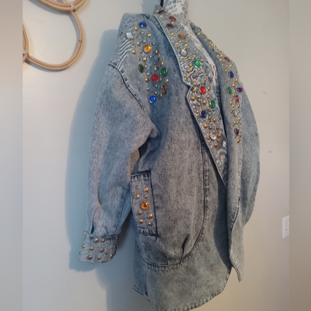 Rare Vintage Oversized Embellished Denim Jacket with Colorful Accents - Picture 3 of 10